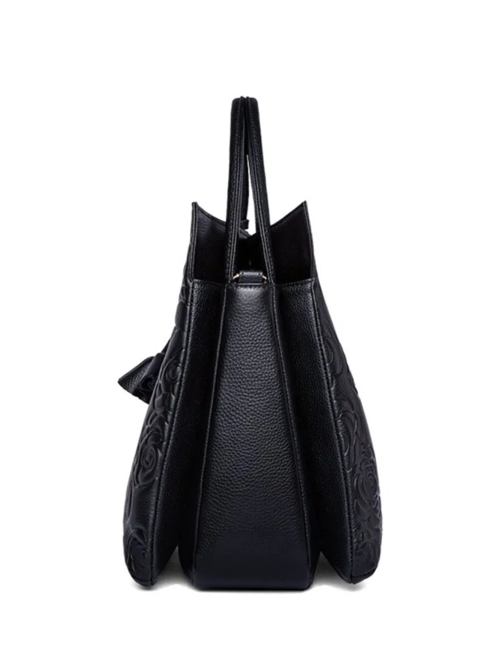 Black Floral Embossed Leather Top Handle Tote Bag